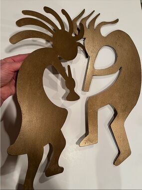 Large 20” Vintage Kokopelli Metal Wall Art Set - Antique Brass Finish 2 pc